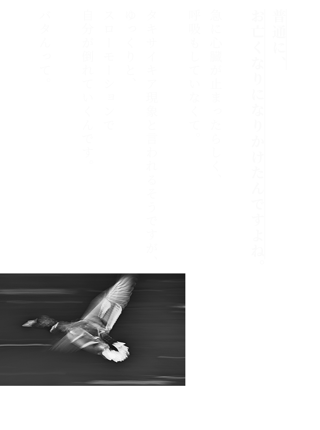 普通に、お亡くなりになりかけたんですよね。急に心臓が止まったらしく、呼吸もしていなくて。タキサイキア現象と言われるそうですが、ゆっくりと、スローモーションで自分が倒れていくんです。バタんって。