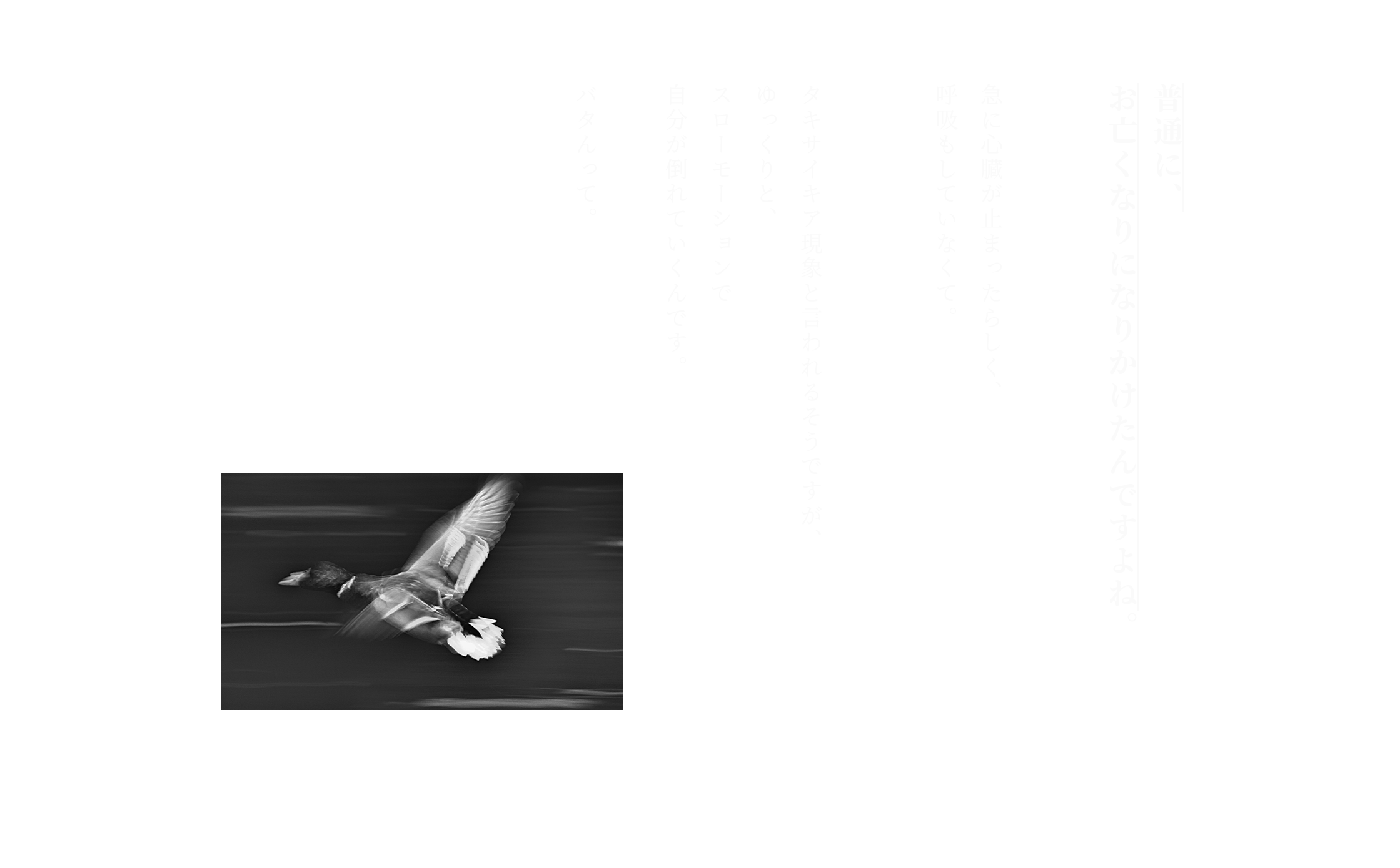 普通に、お亡くなりになりかけたんですよね。急に心臓が止まったらしく、呼吸もしていなくて。タキサイキア現象と言われるそうですが、ゆっくりと、スローモーションで自分が倒れていくんです。バタんって。