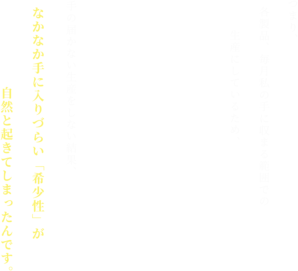 つまり、各製品、毎月私の手に収まる範囲での生産にしているため、手の届かない生産をしない結果、なかなか手に入りづらい「希少性」が自然と起きてしまったんです。